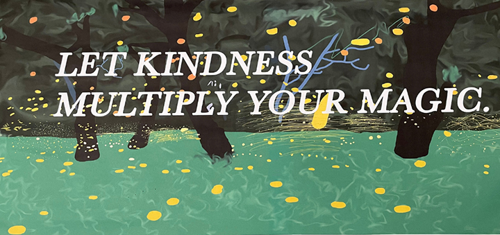 Artwork of a twinkling nature scene with the words "Let Kindness Multiply Your Magic"